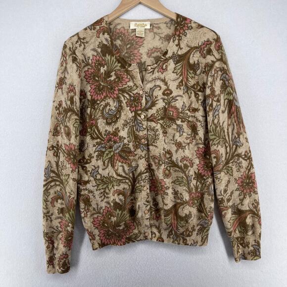 PECK & PECK Sweater XL Pure Cashmere Button Up Cardigan Floral Paisley Beige VTG - Picture 2 of 12